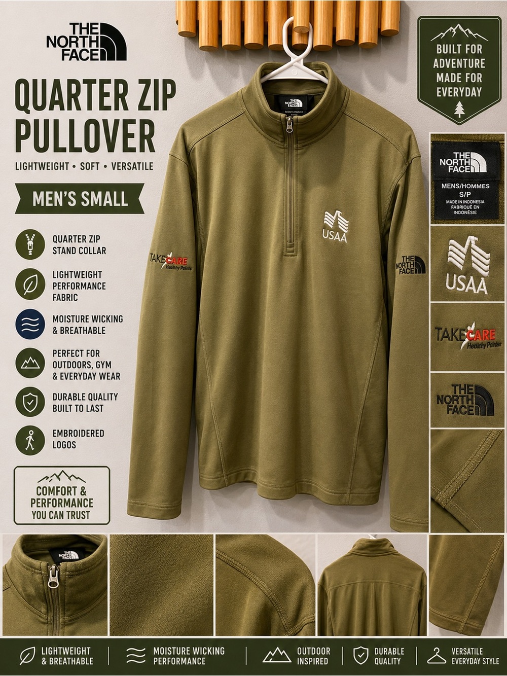 The North Face Olive Green Quarter Zip Pullover USAA Logo Men’s Small